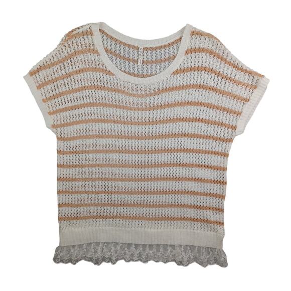 POL Women Open Crochet Knit Lace Hem Top Size L Cream Boho Hippie Coquette Flowy - Picture 4 of 14